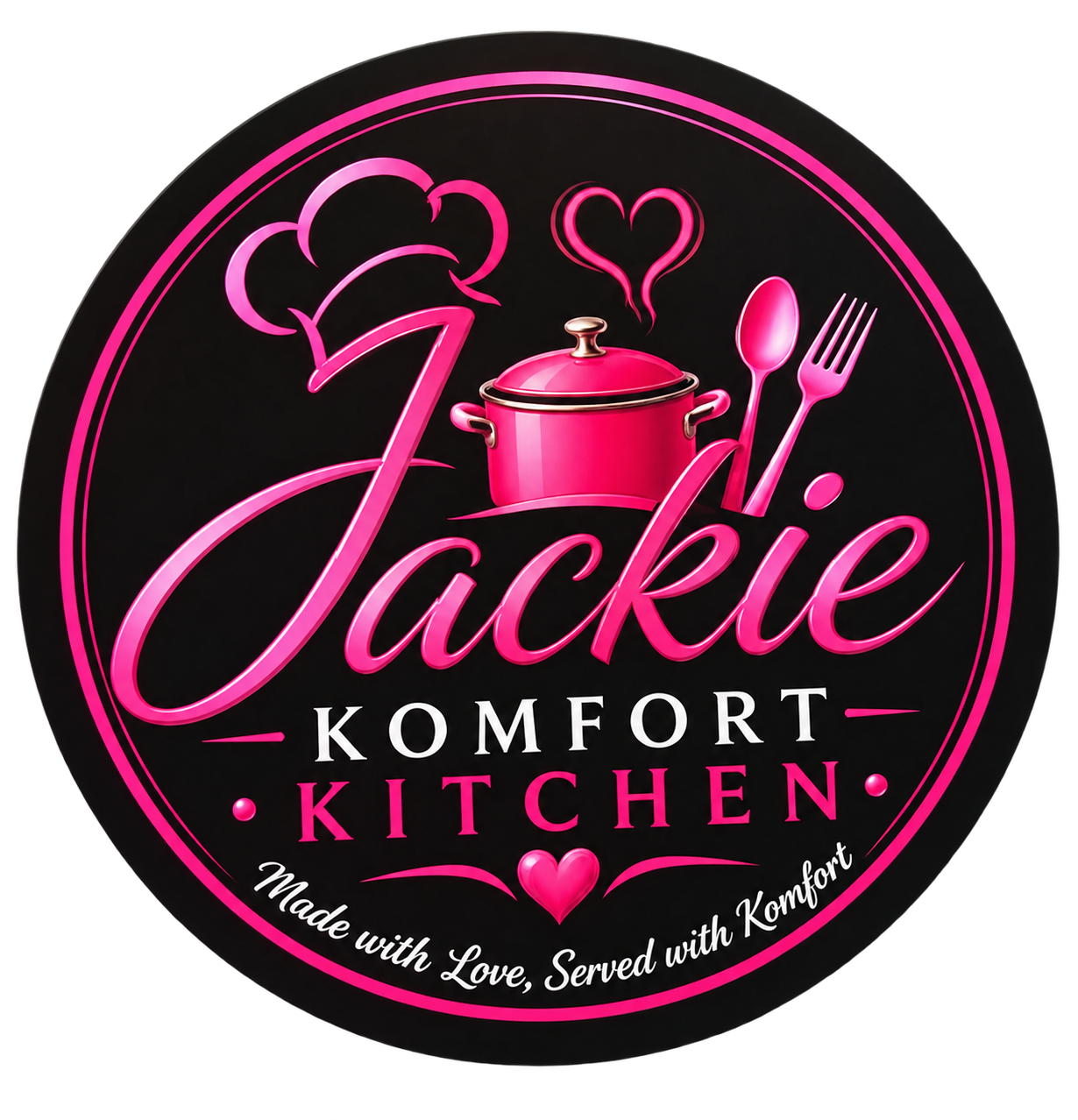 Jackie's Komfort Kitchen circular sign — black background with hot-pink script lettering, a pot with fork and spoon, reading 'Made with Love, Served with Komfort'